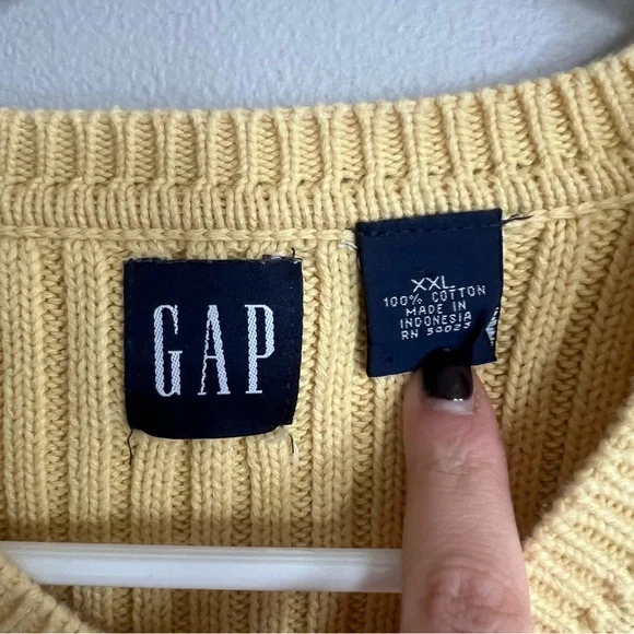 Vintage‎ Y2K Gap Vneck Ribbed Chunky Knit Sweater Butter Yellow Cotton XL - Picture 2 of 4